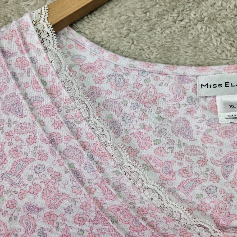 Miss Elaine Nightgown XL Pink Floral Paisley Long Cap Sleeve Lace Trim Maxi - Picture 5 of 16